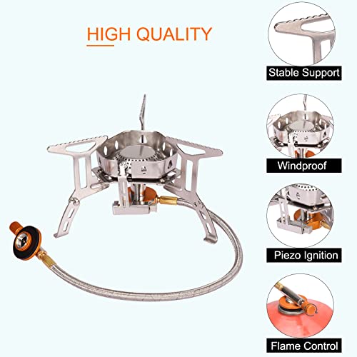 Portable Backpacking Stove with Piezo Ignition Windproof Camping Gas Stove Camp Stove Foldable Burner with Propane Caniste...
