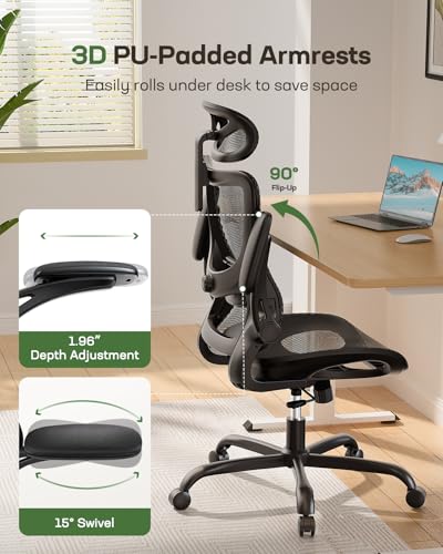 Marsail Ergonomic Mesh Office Chair High Back Home Office Desk Chair with Adaptive Lumbar Support, 2D Headrest, 3D Flip-Up...