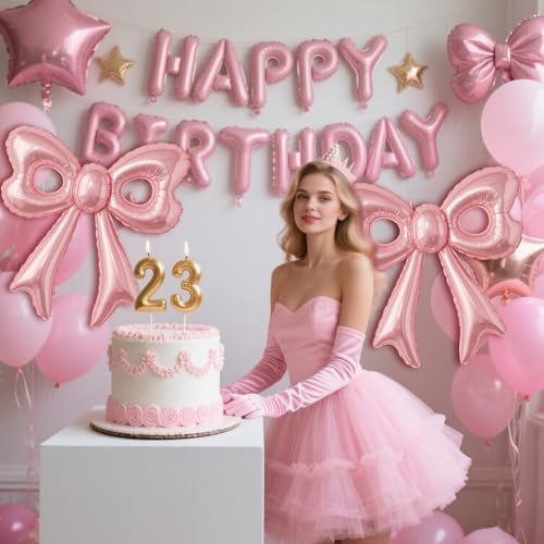 Pink Happy Birthday Balloons, 31”Huge Pink Bow Aluminum Foil Balloons for Girl Woman Birthday, Princess, Coquette Party De...