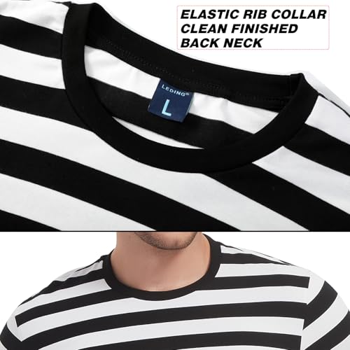 LEDING Mens Shirt Striped Black White Cotton Spandex Crewneck Long Sleeve Basic Pullover Stripe Casual Crew Tee Shirt