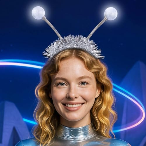 DRESBE Light Up Alien Headband LED Space Headbands Glow Antenna Hair Accessories for Women (Silver)