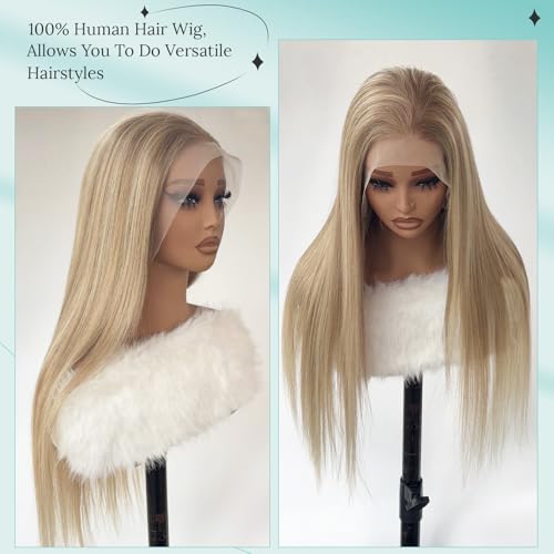 Ash Blonde Highlight Wig Human Hair Pre Plucked with Baby Hair 180% Density Glueless 13x4 HD Lace Frontal Wig Balayage Ash Blonde and Platinum Lace Front Wigs Human Hair with Brown Roots Pre Plucked