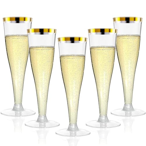 Torchero 20 Pack Champagne Flutes Plastic Wine Glasses Disposable, 4.5 Oz Gold Rim Mimosa Glasses for 2026 Engagement Wedd...