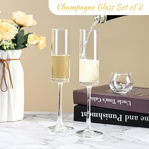 Ocean ice Glass Champagne Flutes Glass, Straight Champagne Glasses Set of 2, Stemmed Mimosa Glasses 7oz, Hand Blown Champa...