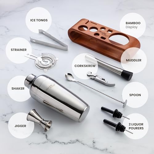 Mixology & Craft Cocktail Shaker Set with Dark Bamboo Stand - Professional 10-Piece Bartender Kit - Complete Bar Set & Coc...