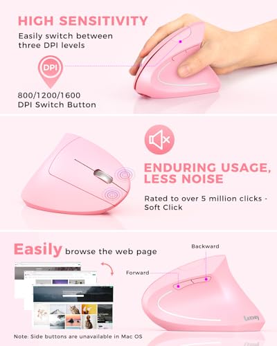Lekvey Ergonomic Mouse, Vertical Wireless Mouse, Rechargeable 2.4 GHz USB Optical Carpal Tunnel Mice : 800/1200 / 1600 DP...