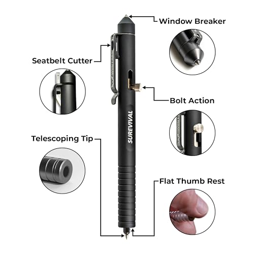 Surevival Pen - Tactical Survival Pen with Seatbelt Cutter, Tungsten Window Breaker, Telescoping Tip, Bolt-Action Mechanis...