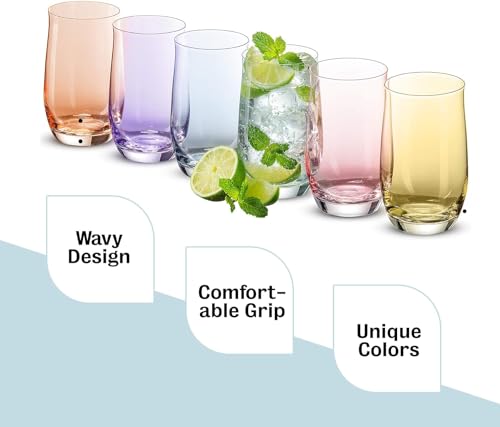 BENETI Premium Glass Cups, Highball Drinking Glasses Set of 6 | Made in Europe Water and Juice Kitchen Glassware | Colored...