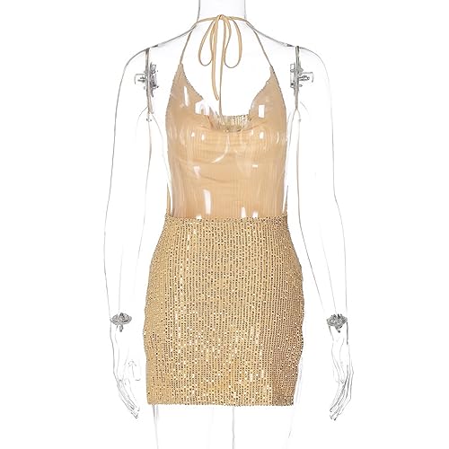 Women's Sequin Halter Bodycon Mini Dress Split Hem Backless Cowl Neck Sexy Short Dress Open Back Cocktail Party Dresses