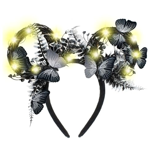 JIAHANG LED Flashing Black Mouse Ear Headband with Butterflies, Light Up Woodland Elf Fairy Headwear for Women Girls