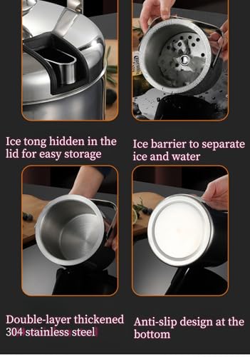Insulated Ice Bucket with Lid and Scoop & Tong, Double Wall 304 Stainless Steel Ice Bucket for Freezer, Built-in Strainer ...