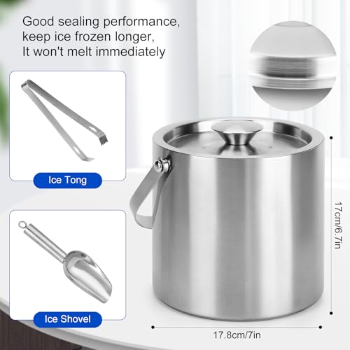 Portable Ice Buckets for Parties 3 Liter Double-Wall Ice Buckets with Lid,Scoop,Tongs,Handle -Stainless steel Ice Containe...