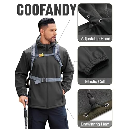 COOFANDY Men's Hooded Softshell Jacket Waterproof Fleece Lined Windbreaker Lightweight Outdoor Hiking Jacket