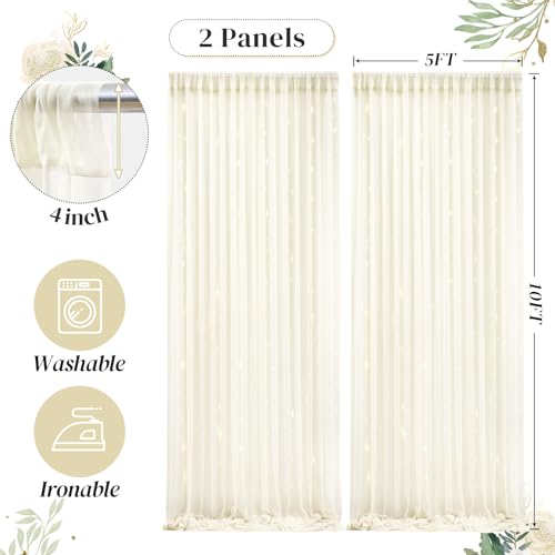 10ft x 10ft Ivory Backdrop Curtain with Lights String for Parties, Sheer Tulle Wedding Photo Backdrops Drapes for Baby Sho...