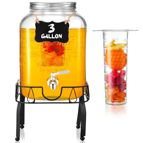 FillTouch 3 Gallon Drink Dispenser with Stand Glass Beverage Dispenser Drink Dispensers with Lid 18/8 Stainless Steel Spig...