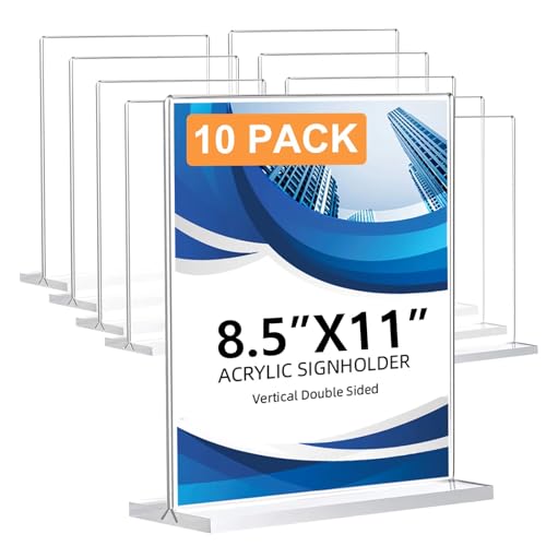 10 Pack Acrylic Sign Holder 8.5 x 11, Double-Sided Clear Sign Holder Plastic Stands for Display, T Shape Acrylic Table Sig...