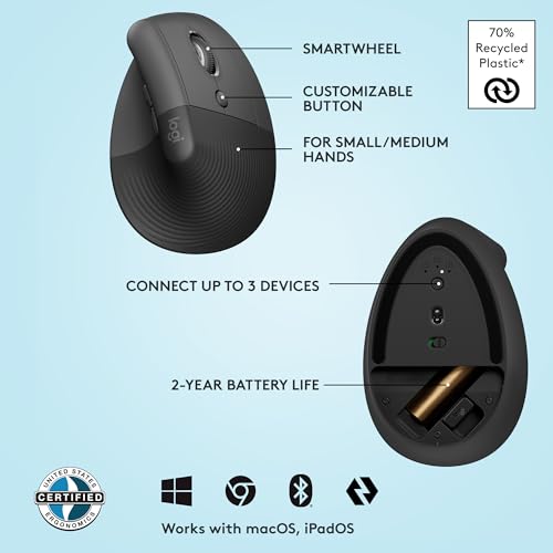 Logitech Lift Vertical Ergonomic Mouse, Wireless Bluetooth or USB Receiver, Quiet Clicks, 4 Buttons, Right Hand Wireless M...