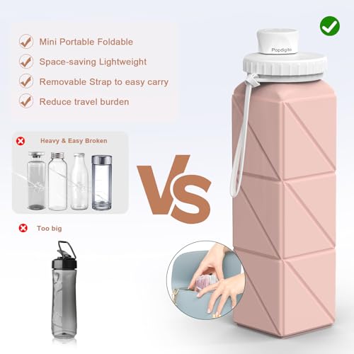 Popdigito 4pack Collapsible Water Bottles, 20.6oz Foldable Water Bottle BPA Free Reusable Lightweight LeakProof Travel Sil...