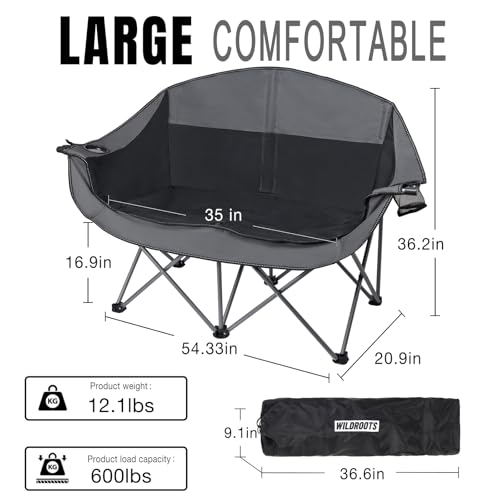 WILDROOTS Outdoor Folding Double Camping Chair Adults 2 Person,Heavy Duty 600 LBS Loveseat with 2 Cup Holder,Portable Carr...