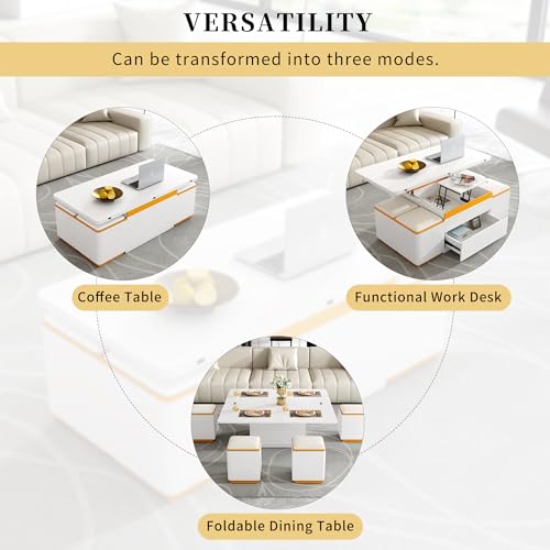 HomVent 47.72" Lift-Top Coffee Table, Wood Coffee Tables with 4 Storage Stools, Modern Couch Side Table, Space Saving Center Cocktail Table with Foldable Top for Living Room Bedroom