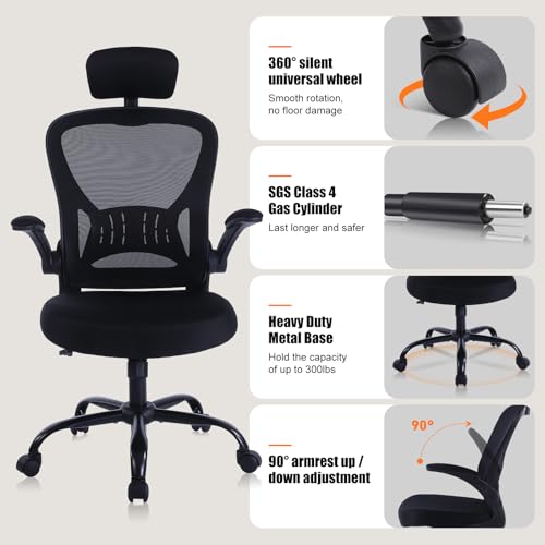 ralex-chair Ergonomic Office Chair with Adjustable Headrest & Lumbar Support, Computer Desk Chair with Flip-Up Armrests, C...