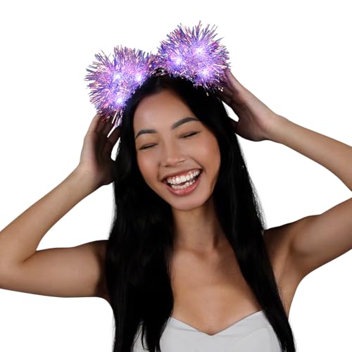 FlashingBlinkyLights Still-Light Sparkle Iridescent Pom Ears Light Up Party Headband