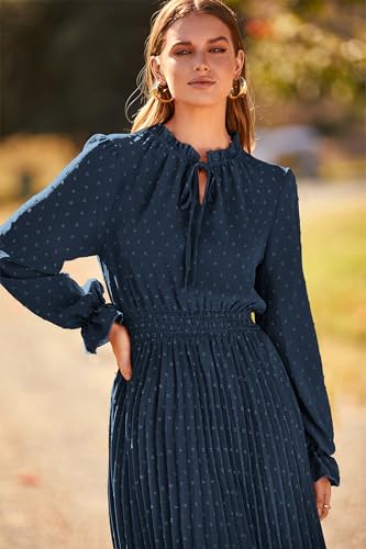 PRETTYGARDEN Women's 2026 Spring Fall Midi Dress Casual Long Sleeve V Neck Swiss Dot Pleated A Line Flowy Dresses