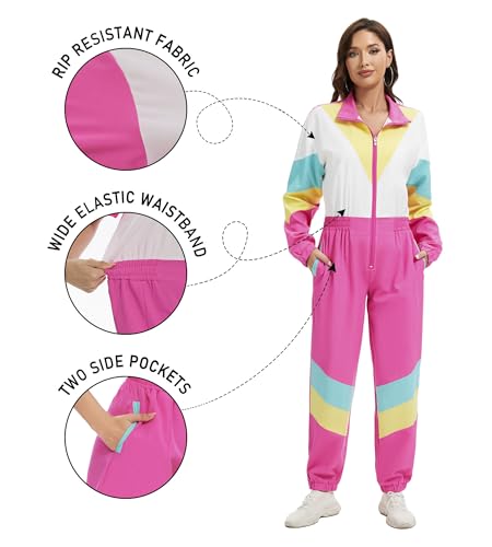 UOUA 80s Outfit for Women 90s Costume Jumpsuits Long Sleeves Windbreaker One Piece Party Tracksuit