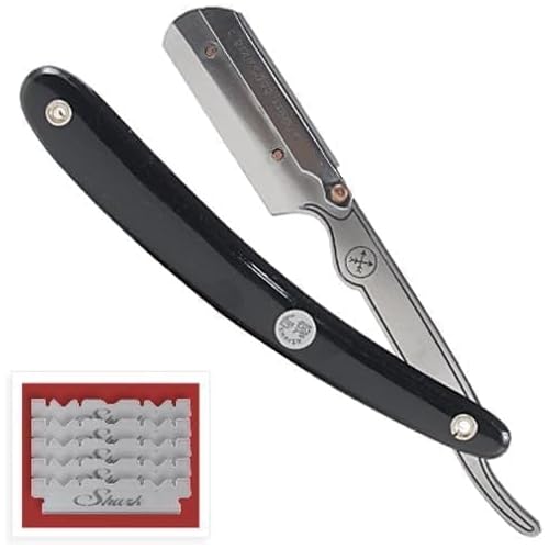 Parker Safety Razor Classic Black Straight Edge Barber Razor Shave Set - Includes 100% Pure Badger Brush, Chrome Stand, SRB Shavette Razor and 100 Blades