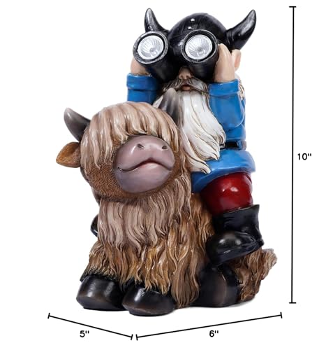 Joint Honglin Garden Gnome Statues Resin Gnome Sitting on Highland Cow Solar LED Lights Outdoor Telescope Gnome Decorations