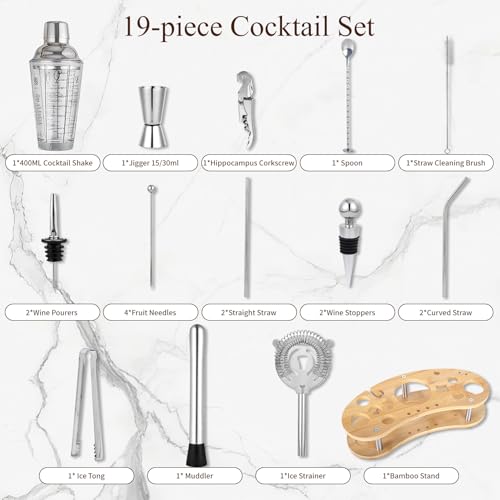 Cocktail Shaker Set,19-Piece Bartender Kit with Stand,Bar Tool Set:Martini Shaker,Jigger,Ice Strainer,Corkscrew,Mixer Spoo...