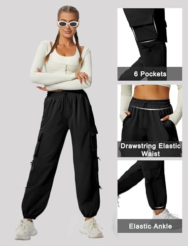 DLOODA Quick Dry Cargo Pants Lightweight Tactical Hiking Pants with 6 Pockets for Women, Elastic Waist and Water Resistant
