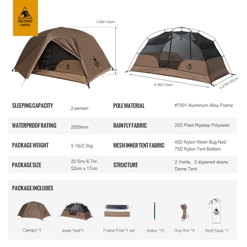 OneTigris COSMITTO 2 Person Backpacking Tent Shelter- Free Standing Lightweight Waterproof 3 Season Camping Tent for Outdo...
