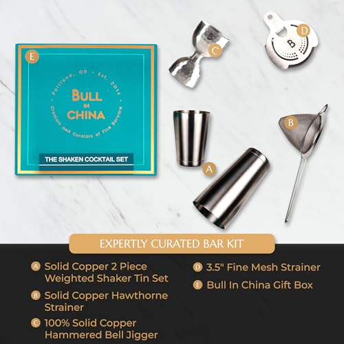 5 Piece Cocktail Kit by Bull In China - Premium Bartender Gift Set Includes Weighted 2 Piece Boston Shaker, Hammered Bell ...