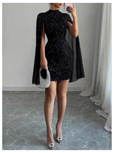 IQLWI Women's Sexy Glitter Mini Dress Mock Neck Cloak Sleeve Cocktail Shimmering Elegant Dresses Wedding Guest Party Evening