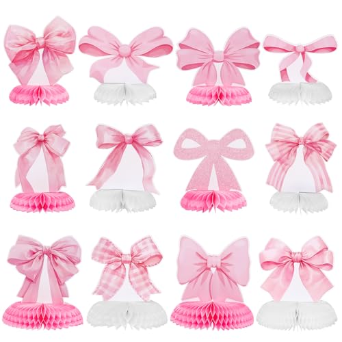 12 Pcs Pink Bow Party Honeycomb Centerpieces Pink Bow Table Centerpieces Coquette Theme Birthday Decorations Bow Party Dec...