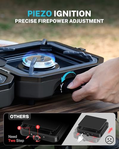 Gonex 2 Burner Propane Camping Stove with Griddle & Grates, Portable Foldable Cooking Stove with Total 16,000 BTU, Two Pie...