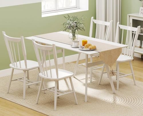 ROCITY Wooden Dining Chairs Set of 4 Mid Century Modern Kitchen Chairs with Spindle Back/Solid Wood Frame Vintage Windsor Chairs for Dining Room, White