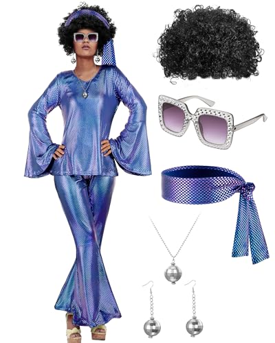 Jexine 70s Women Disco Outfit Costume Disco Party Top Pants Sunglasses Ball Necklace Earring Wig for Halloween New Year Eve