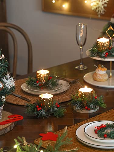 Christmas Candle Ring, 4 Pcs Votive Candle with Red Berry Pinecone, Xmas Ring Candle for Table Centerpiece Decoration Wedd...