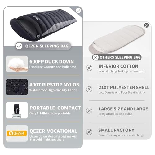 QEZER Ultralight Down Sleeping Bag for Adults - 600 Fill Power, Cold Weather, Backpacking, Camping, Hiking