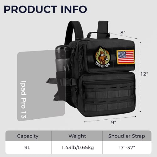 flipfit 9L Mini Tactical Backpack Small Military Gym Bag for Men Women Molle Daypack Camping Backpack with Patch(Black)
