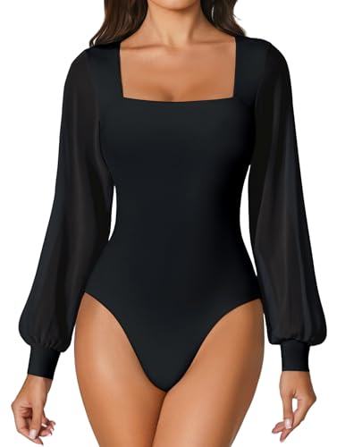 Avidlove Women Puff Long Sleeve Bodysuit Mesh Square Neck Thong Sexy Body Suits Double Lined Leotards