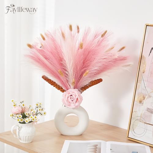 Faylifeway 50pcs Pampas Grass 17in, Blush Pink Pampas Grass Decor, Artificial Fluffy Pink Decor Flowers for Home Room Birt...