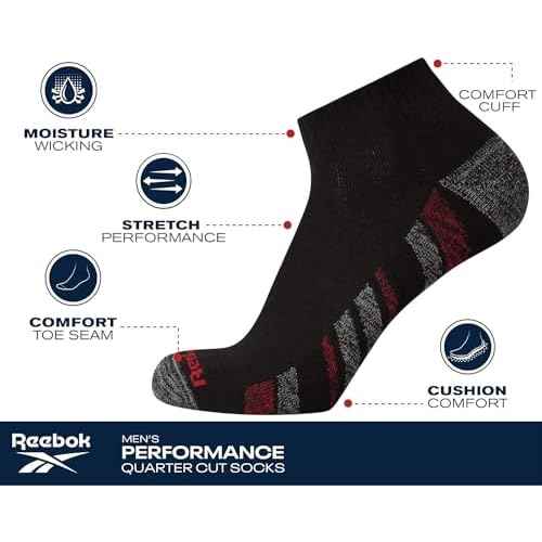 Reebok Men's Quarter Socks - 6 Pack Cushion Quarter Cut Ankle Socks for Men - Breathable Men's Athletic Socks (Size: 6-12.5)