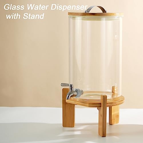 Glass Drink Dispenser with Stand,2.1 Gallons Wood Stand Cold Beverage Dispensers-Large Drink Dispensers For Parties,Bars,R...