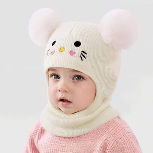 White Knit Balaclava Beanie and Neck Warmer hat,cat Embroidery, Stretch Fit, Suitable, Daily and Casual Wear, Birthday, Ho...