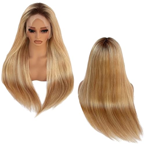 13x6 Medium brown/Golden Brown to Bleach Blonde Highlights Straight Lace front Wigs Human Hair 24in for Black Women HD Lace Glueless Pre Plucked 180% Density Brazilian Virgin Human Hair 24in
