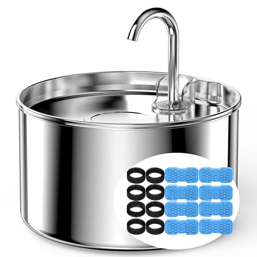 Cat Water Fountain Stainless Steel + 8 filters + 8 Sponges - Pet Water Fountains Faucet Metal Automatic Cat/Dog Waterer Bo...