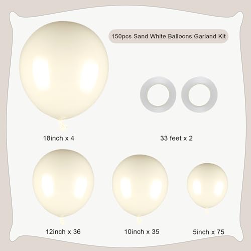 150pcs Sand White Balloons Different Sizes Pack, 18 12 10 5 Inch Party Balloon Garland Arch Kit Birthday Baby Shower Anniv...